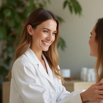 Smiling skincare consultant assisting a client